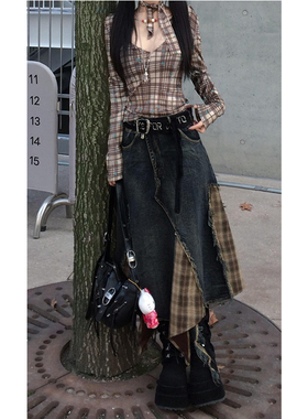 蓝色不规则格纹拼接牛仔半身裙女秋冬街头复古高腰显瘦a字长裙子