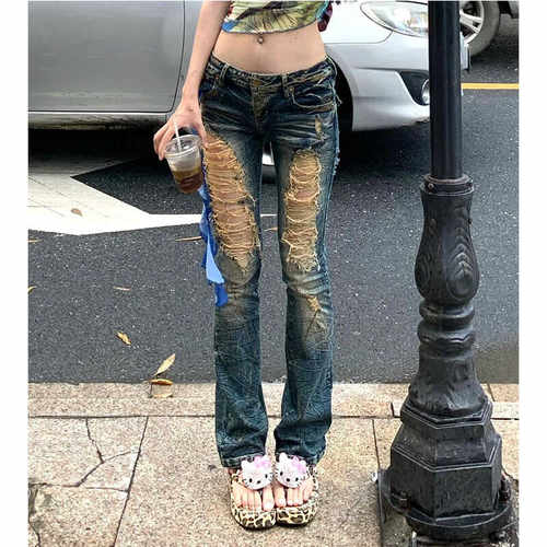 做旧千禧美式复古低腰春秋微喇裤