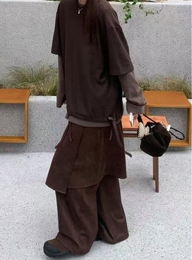 美式复古屁帘拼接休闲裙裤秋冬女小众新款设计感宽松好看慵懒裤子