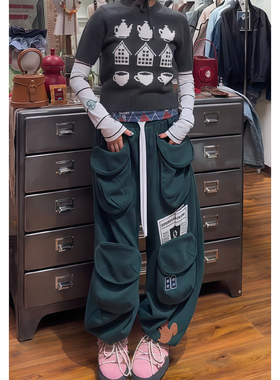 美式复古军绿色重工工装休闲裤女冬新款宽松显瘦抽绳多口袋阔腿裤