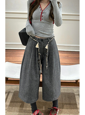 韩系复古灰色毛呢休闲七分裤女春秋街头时尚高腰显瘦宽松阔腿裤子