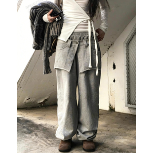 设计感宽松裤 美式 街头时尚 女冬新款 子潮 复古灰色屁帘系扣休闲裙裤