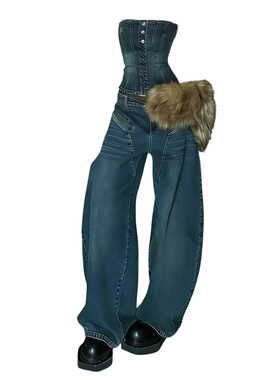 美式复古水洗弯刀牛仔裤女2026春秋新款宽松设计感时尚抹胸套装潮