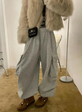 美式复古水洗灰色卫裤女冬新款抽绳宽松大袋时尚百搭工装裤阔腿裤