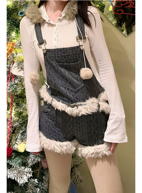 韩系灰色毛绒拼接背带短裤女冬季小个子慵懒高级宽松显瘦毛边裤子