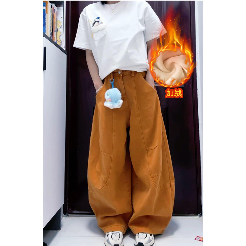 复古橘色加绒弯刀牛仔裤
