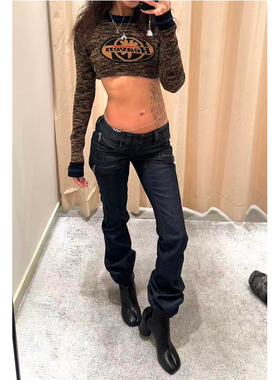 美式辣妹黑色低腰紧身工装牛仔裤女冬季街头复古时尚修身直筒长裤