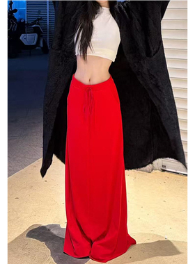 美式复古红色低腰半身裙冬装长款新款宽松直筒小众百搭中长裙子女