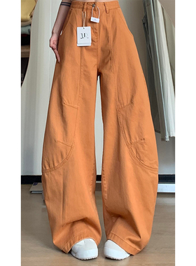 美式复古橙色廓形弯刀牛仔裤女春秋新款街头辣妹宽松显瘦阔腿裤子