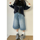 街头设计感宽松显瘦阔腿短裤 女春季 子 复古水洗做旧牛仔七分裤 美式