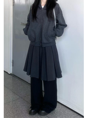 美式复古撞色百褶屁帘假两件裙裤2025秋冬新款时尚修身直筒休闲裤