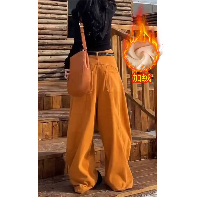 复古橘色加绒加厚牛仔裤