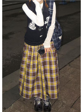 美式复古格纹撞色a字半身裙2025秋冬新款设计感宽松显瘦中长裙子