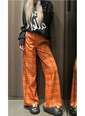 韩系街头橙色格子休闲裤秋冬设计感时尚修身显瘦撞色直筒拖地裤子