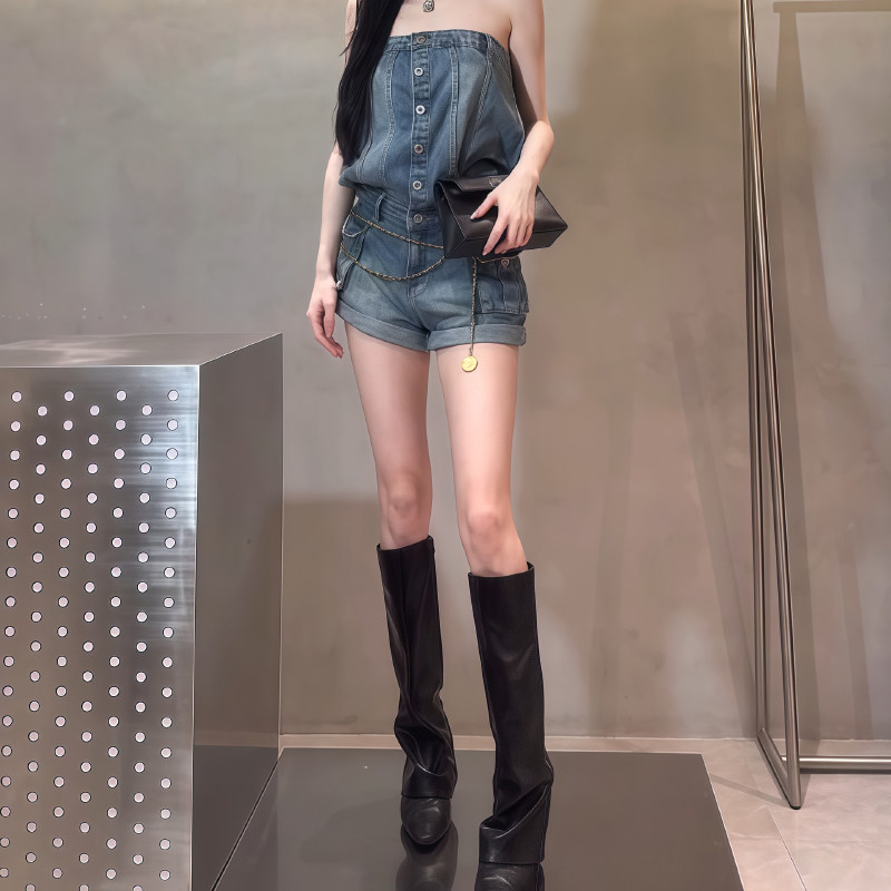 复古做旧抹胸牛仔连体短裤女收腰多口袋工装卷边辣妹无袖连衣裤子