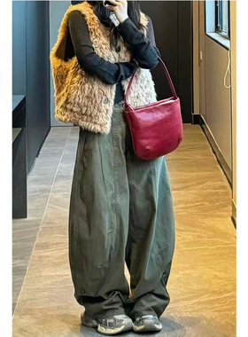 慵懒风廓形绿色弯刀牛仔裤子女秋冬复古松弛感休闲宽松显瘦阔腿裤