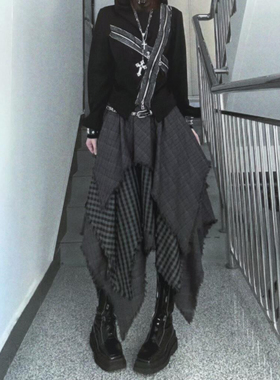 美式复古不规则毛边格纹半身裙春秋新款高级感小众高腰A字中长裙