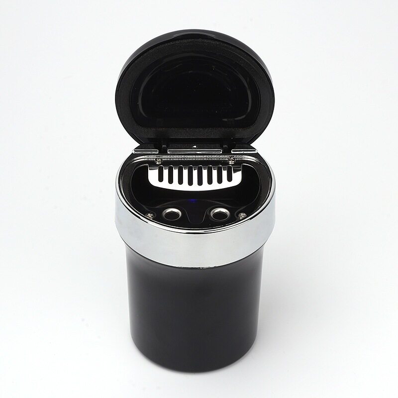 车载烟灰缸车内通用LED指南针仿夜间灯金属盖电镀翻盖式带夜光