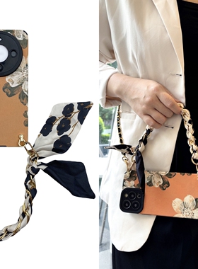 丝巾橙底花朵reno11pro+斜挎手机壳oppo适用k新9款8女7硅6胶5全4包3时2尚1小0众s奢e华g高r级感x软壳防摔find