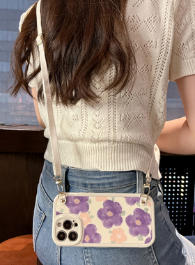 紫色花适用红米note11pro/note10手机壳note9/8/7斜挎油画红米10a硅胶k30至尊版保护套k40/k50背包pro软游戏a