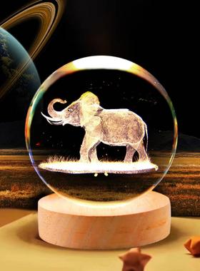 USB充电款发光激光雕刻大象水晶球小夜灯卧室摆件女生节日小礼物