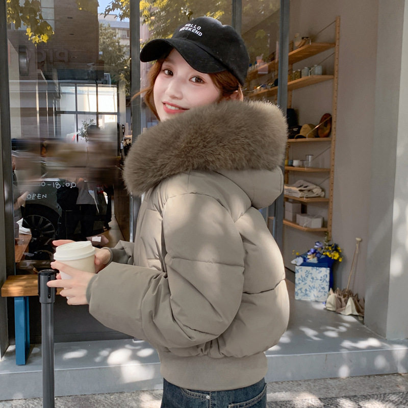 冬季女士超短款宽松大毛领加厚棉服欧美外贸新款棉衣2025冬季