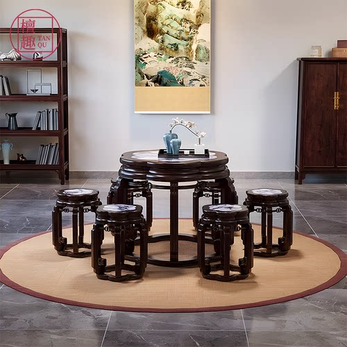 檀趣梅花茶台紫光檀带凳