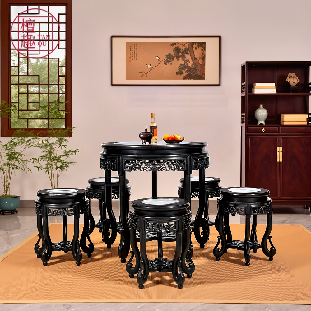 檀趣国标红木家具紫光檀福寿圆台茶桌椅组合中式餐厅圆桌仿古茶台