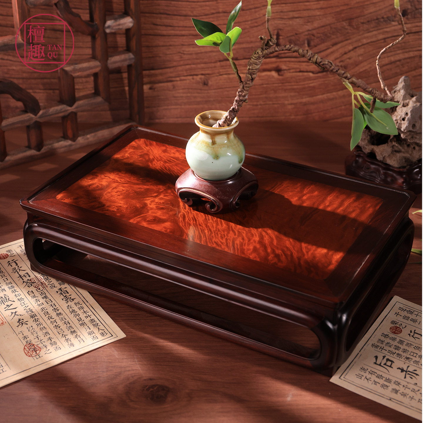 檀趣【大红酸枝】束腰托泥底座可承奇石雅瓶香炉文房清供平添古意