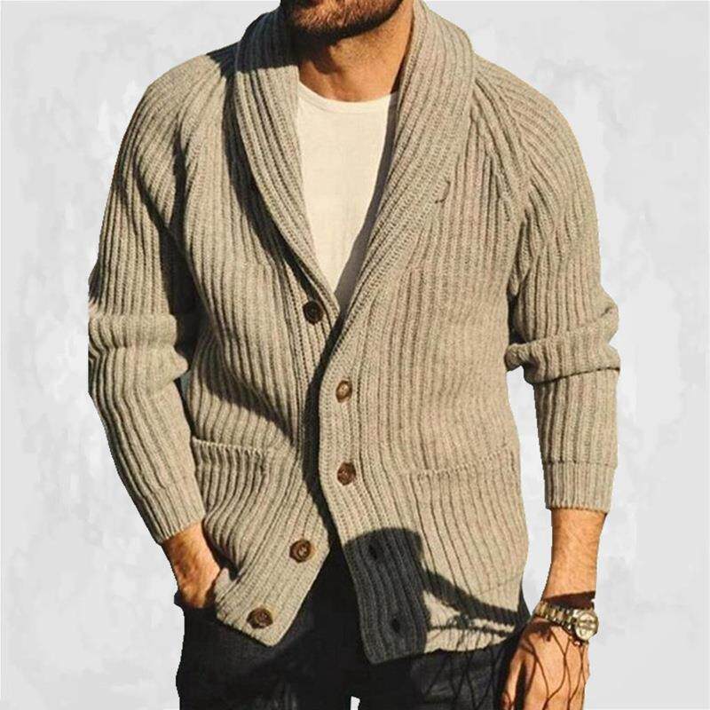 亚马逊外贸男纯色翻领长袖外穿针织衫覆古毛衣潮vintage sweater