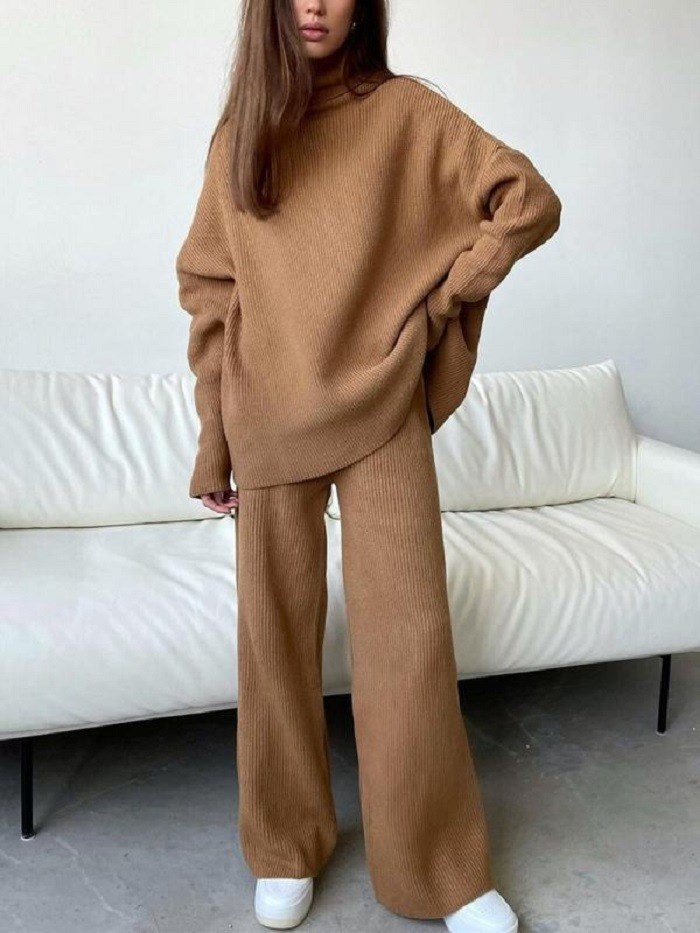 fashion two piece set秋冬欧美长袖阔腿裤时尚宽松高领针织休闲