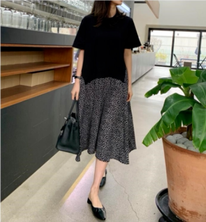 200斤外贸特大码女装胖mm波点拼接中长款宽松打底连衣裙假两件潮