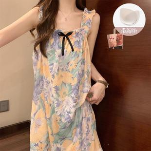 睡带胸JKN垫裙夏季 可外穿睡衣居 女新中款 家网红风吊带棉休闲长款