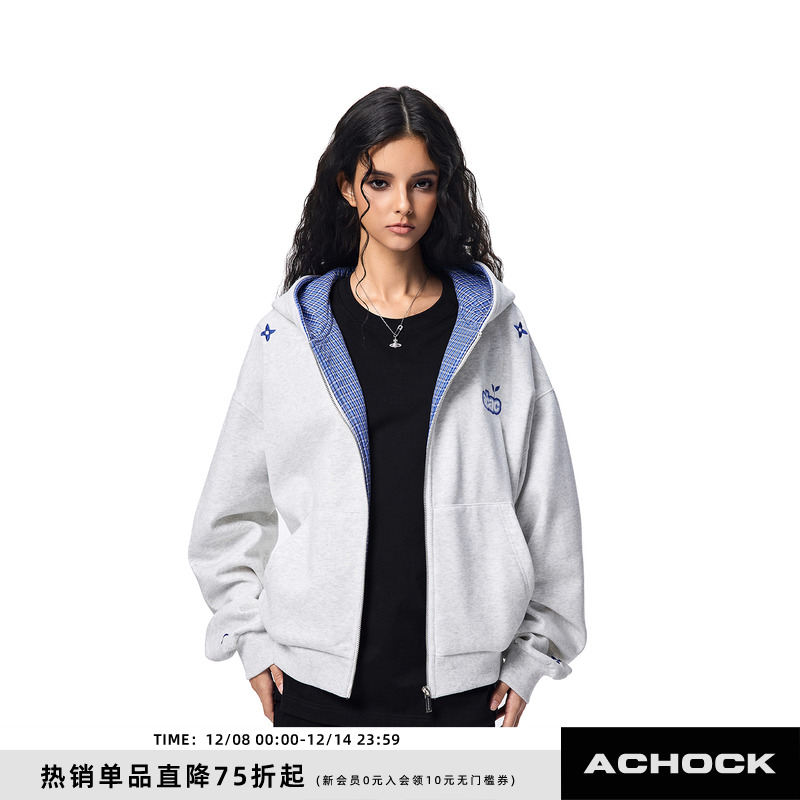 【Achock官方店】美式复古新款格子拼接开衫外套潮牌重磅情侣卫衣