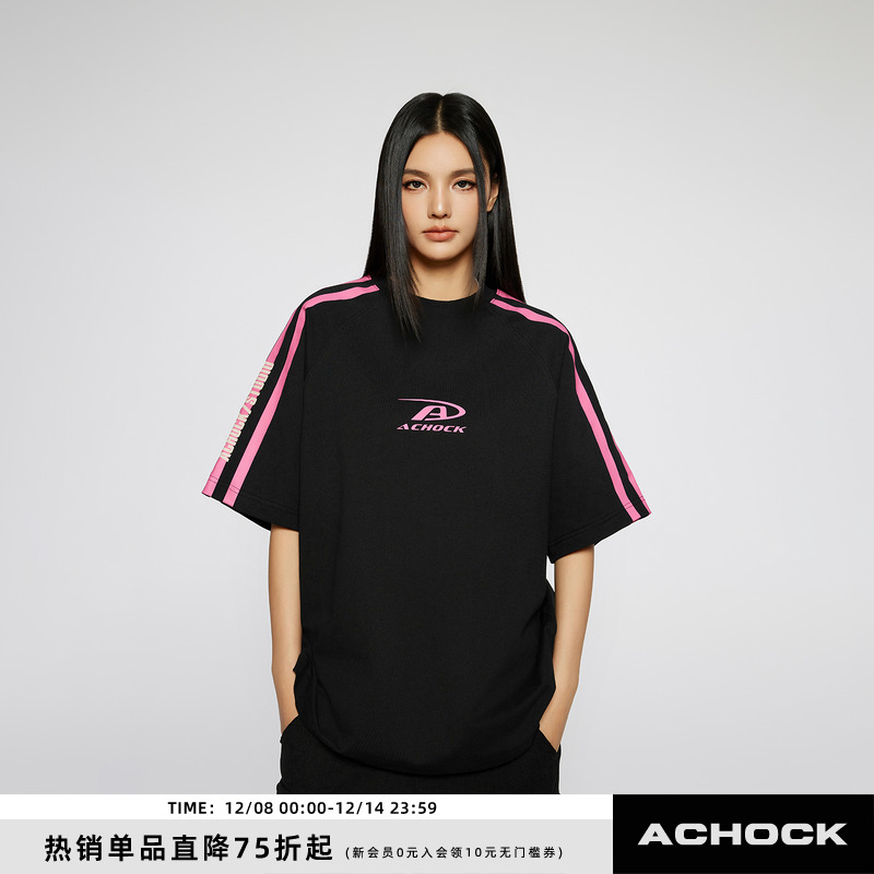 Achock美式圆领拼接拼条印花t恤