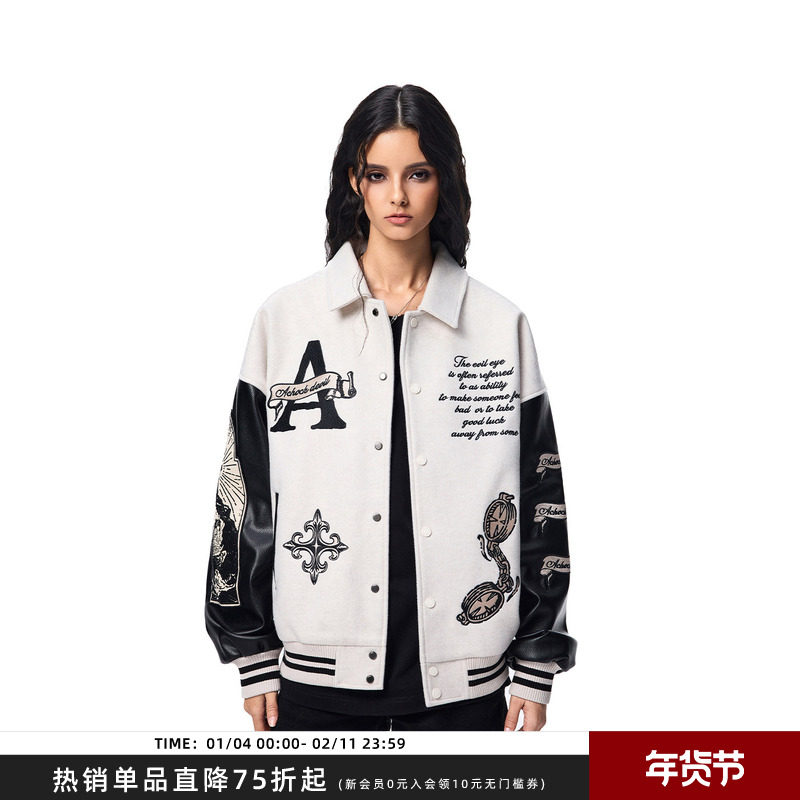 【Achock官方店】美式重工翻领荔枝皮上衣夹克潮牌重磅刺绣棒球服