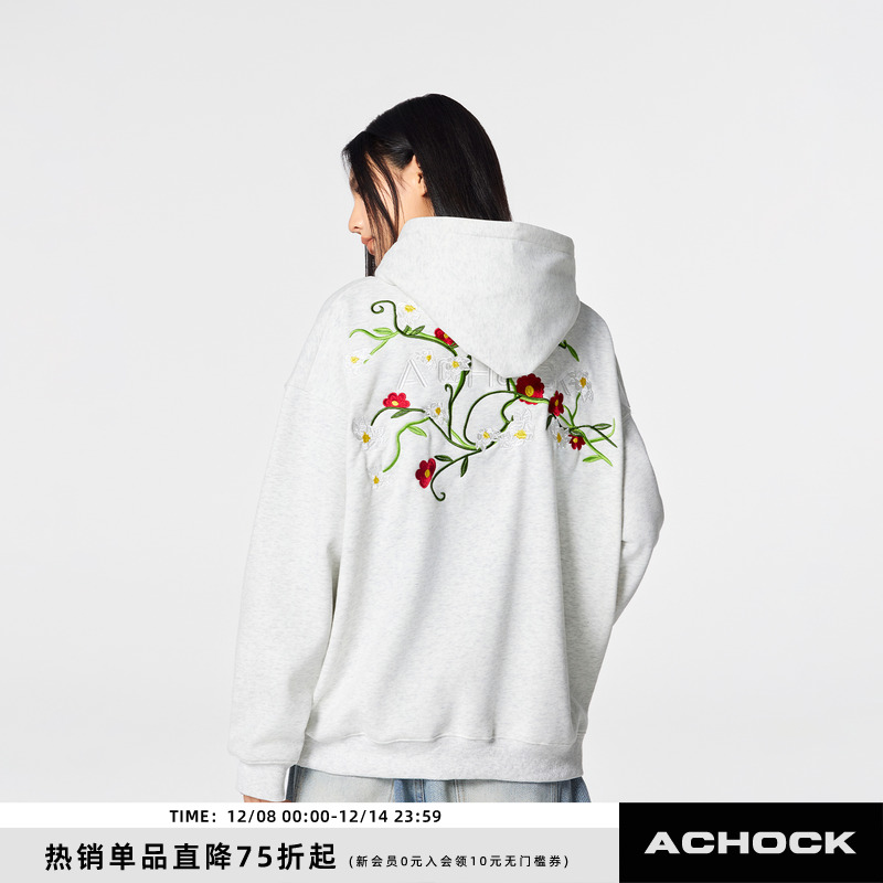 【Achock官方店】潮牌重磅花卉刺绣帽衫外套加绒加厚美式连帽卫衣