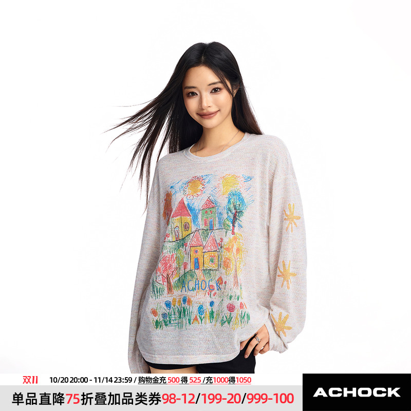 【Achock官方店】潮牌手绘涂鸦罩衫上衣复古彩色打底薄透气长袖T