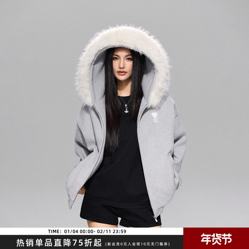 【Achock官方店】毛呢羚羊绒简约连帽毛领外套冬加厚保暖夹克棉服