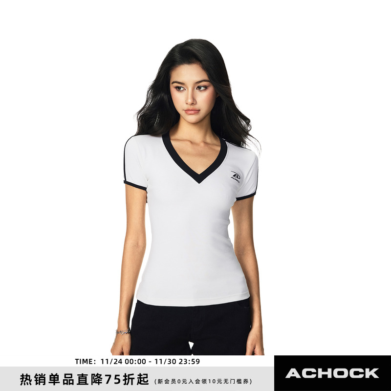 【Achock官方店】复古辣妹V领撞色短袖T恤女夏季运动修身显瘦上衣
