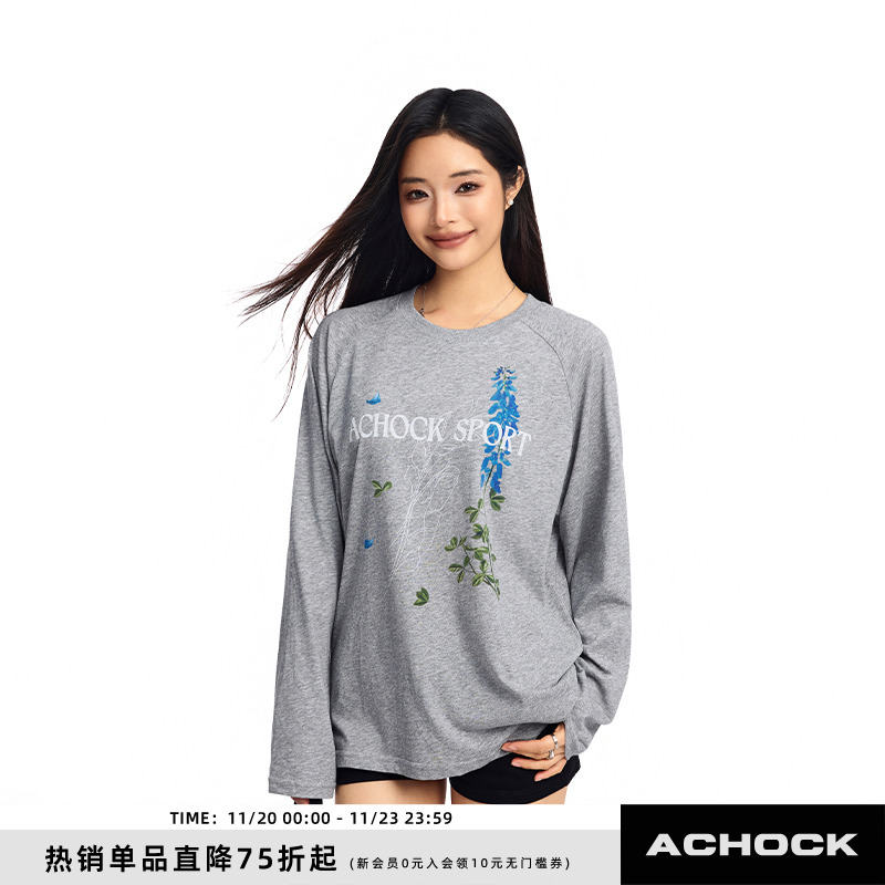 【Achock官方店】美式街头植物花卉长袖罩衫潮牌新款圆领上衣T恤