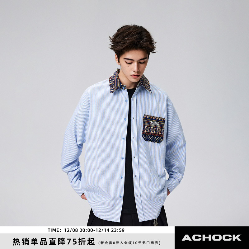 【Achock官方店】国潮牌民族风条纹衬衫内搭衬衣新款春秋新款衬衣