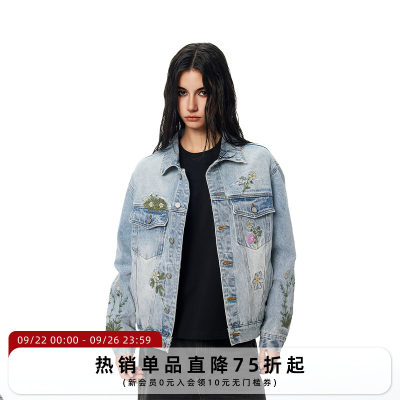 【Achock官方店】水洗牛仔花卉重工刺绣短款外套潮牌新款翻领夹克