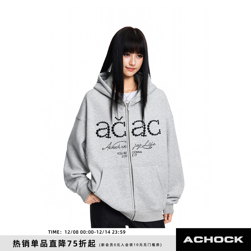 【Achock官方店】acac系列美式街头刺绣珍珠logo开衫外套校园卫衣