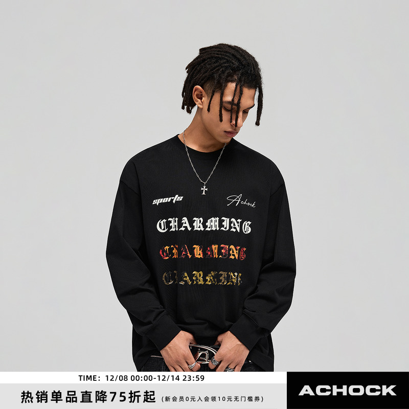 【Achock官方店】街头复古哥特字母印花打底上衣潮牌圆领长袖T恤