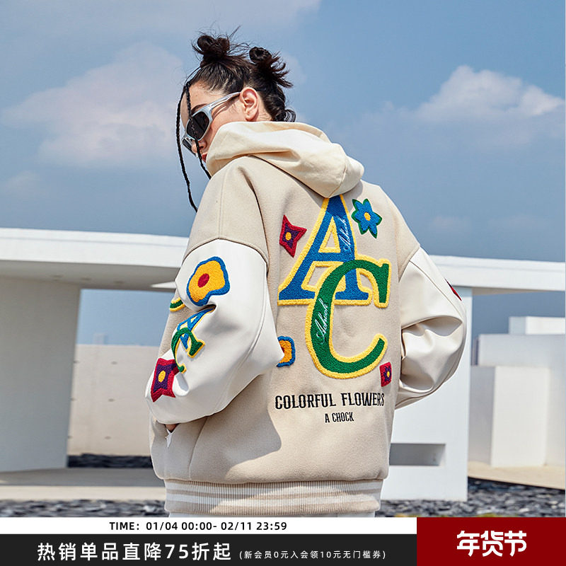 【Achock官方店】美式碎花毛巾绣植绒夹克杏色单排扣棒球服男女潮