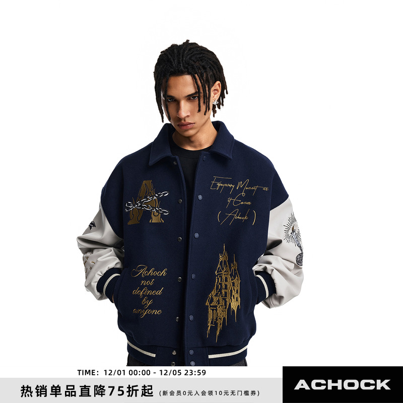 【Achock官方店】重磅棒球夹克刺绣字母徽章宽松翻领立领外套美式