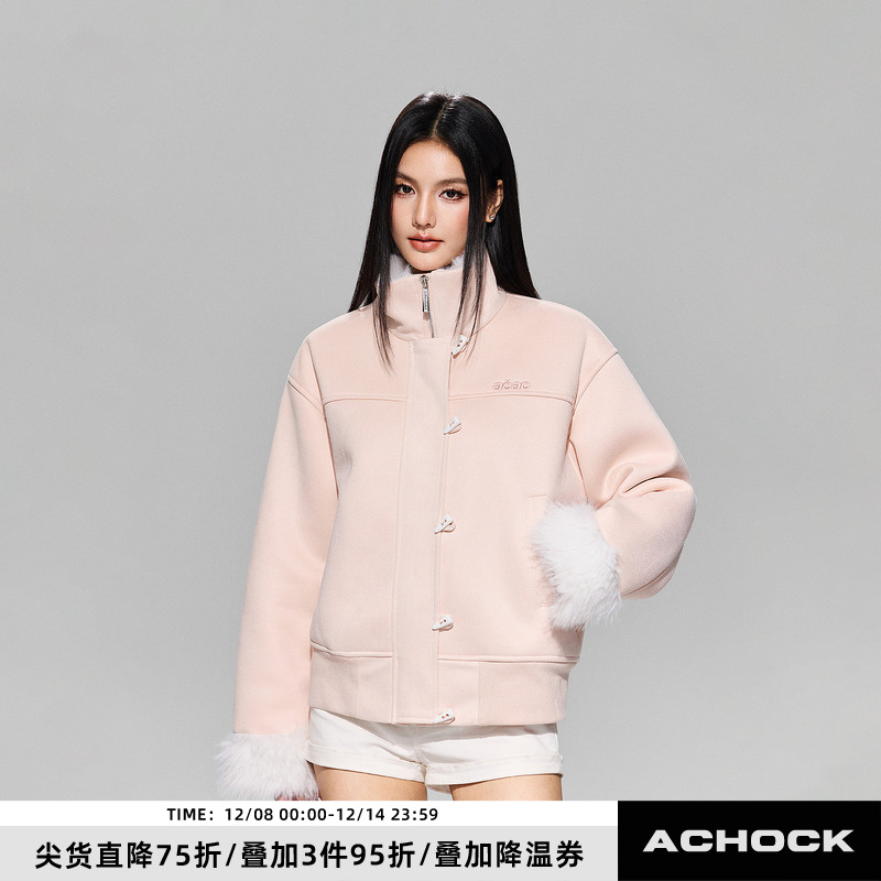 【Achock官方店】千金风牛角扣加绒毛领棉衣加厚保暖夹克外套毛领