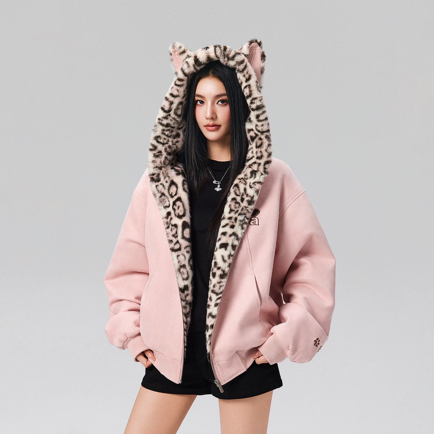 【Achock官方店】穆祉丞同款兔耳保暖卫衣豹纹拉链连帽加绒外套男