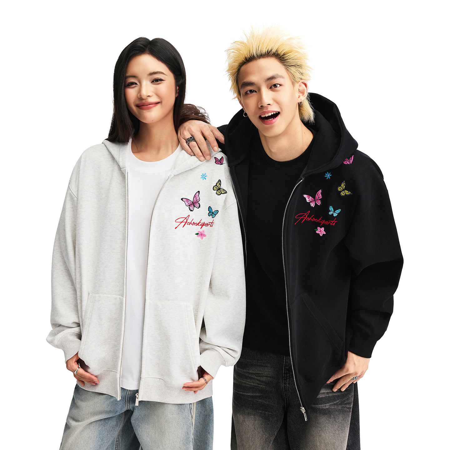 【Achock官方店】美式街头蝴蝶重磅刺绣开衫外套春秋新款连帽卫衣